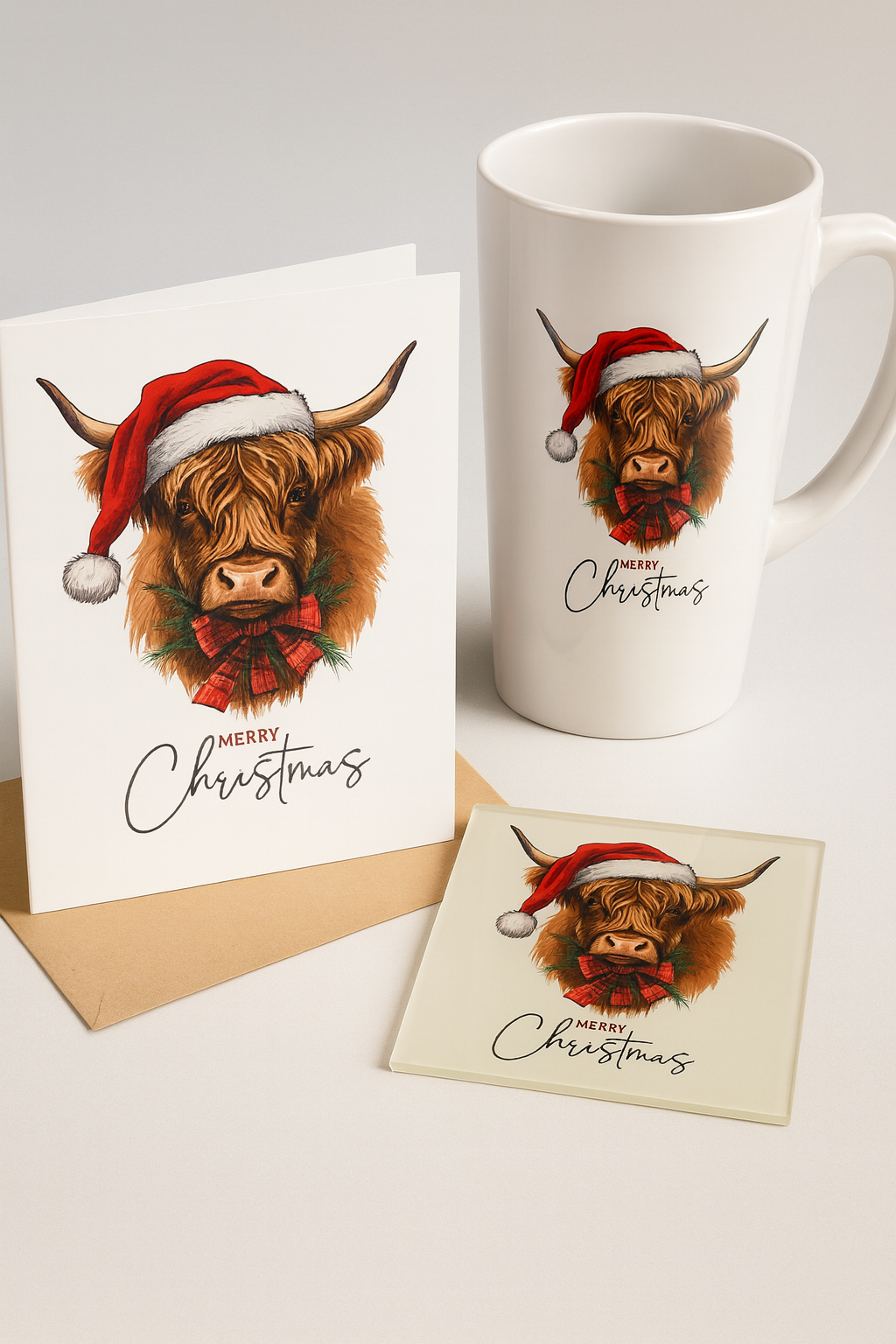 Highland Cow Christmas Gift Set โ Mug, Card & Coaster (Cute Festive Santa Design)