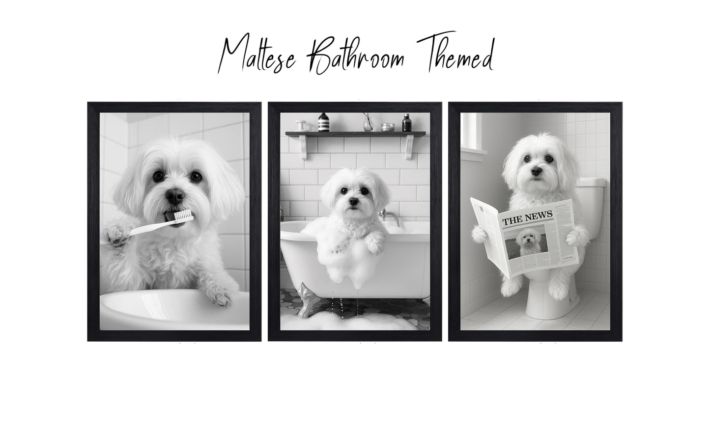 Maltese Bathroom Wall Art Prints – Funny Dog Decor l A4 or A3 l Set of 3