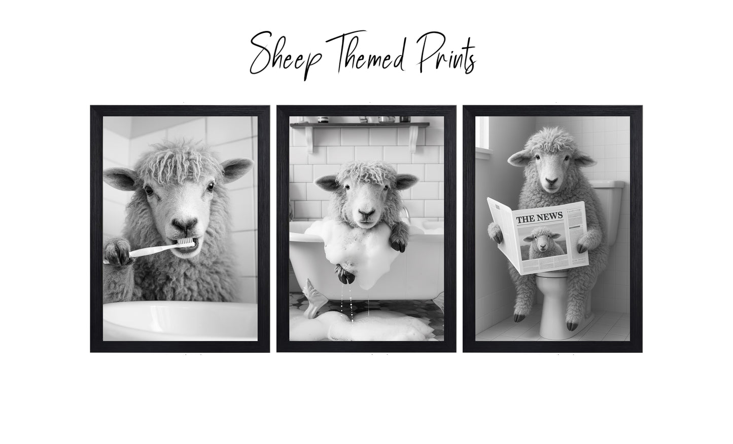 Sheep Bathroom Wall Art Prints – Funny Farmhouse Decor A4 or A3 Set of 3