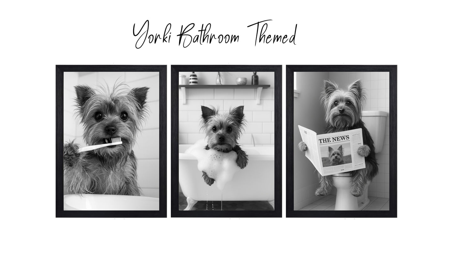 Yorkie Bathroom Wall Art Set – Black & White 3-Piece Print Collection