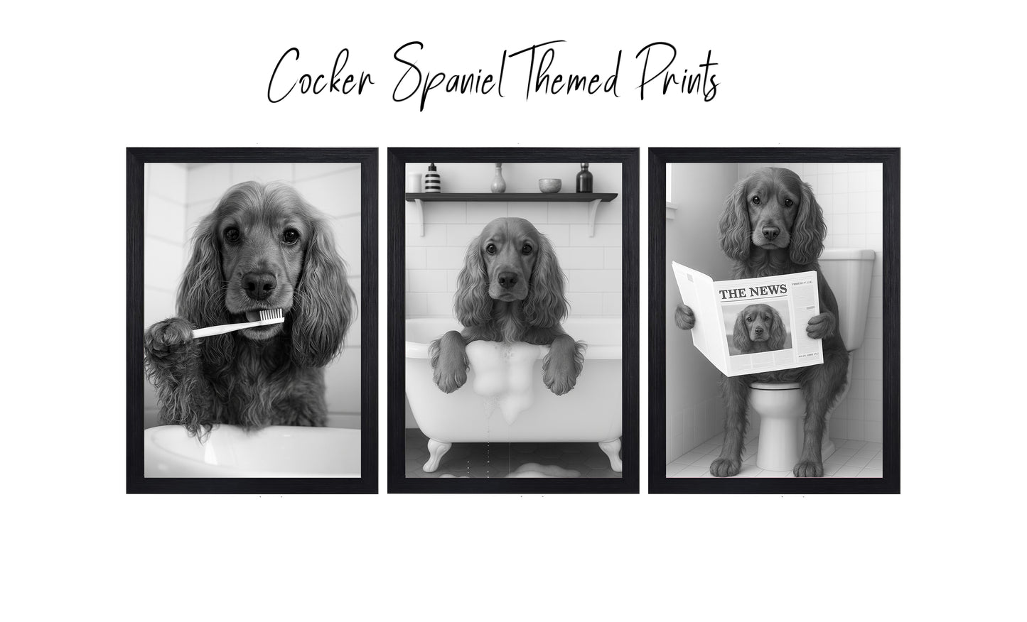 Cocker Spaniel Bathroom Wall Art Prints – Funny Dog Decor l A4 or A3 l Set of 3