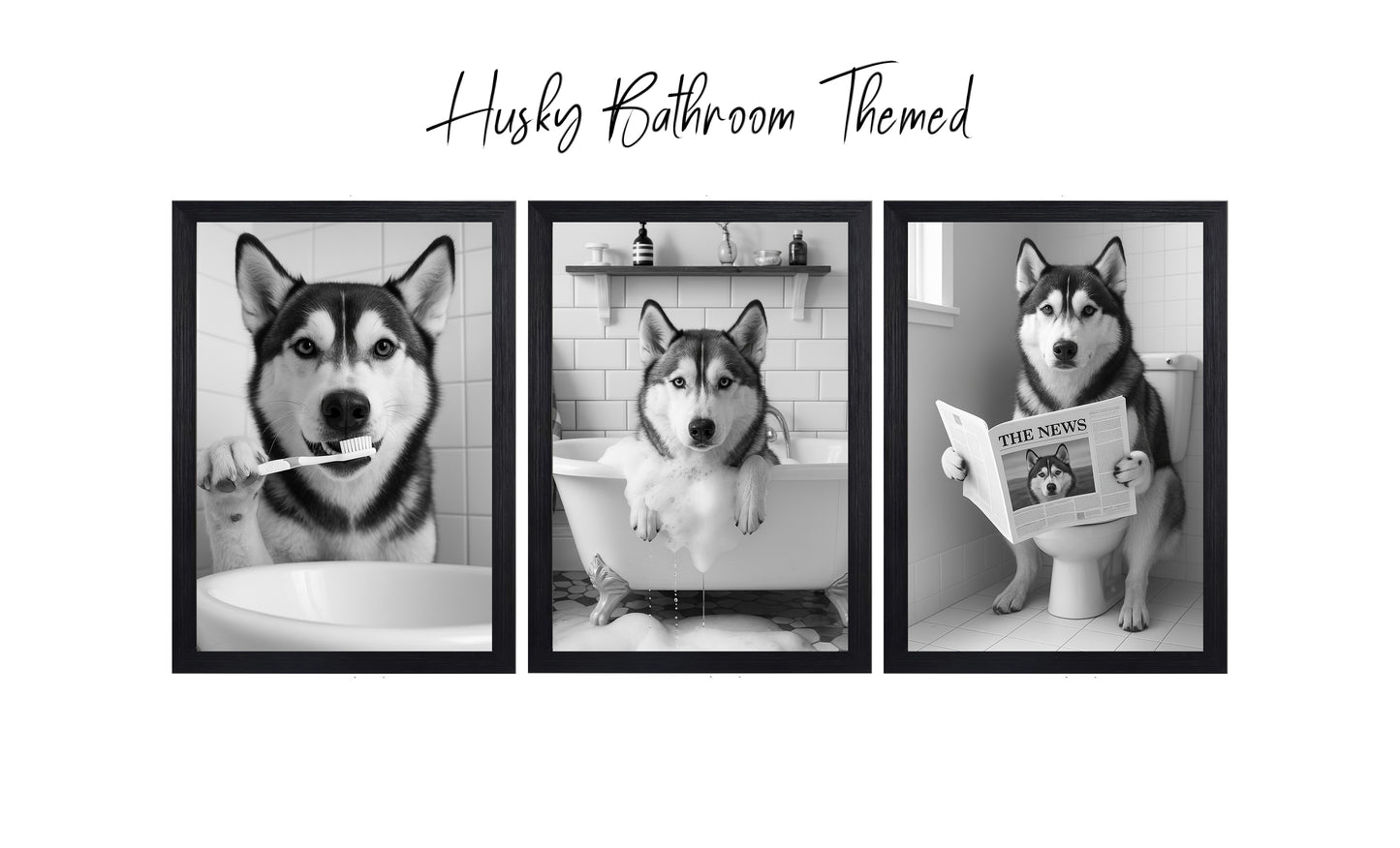 Husky Bathroom Wall Art Prints – Funny Dog Decor l A4 or A3 l Set of 3