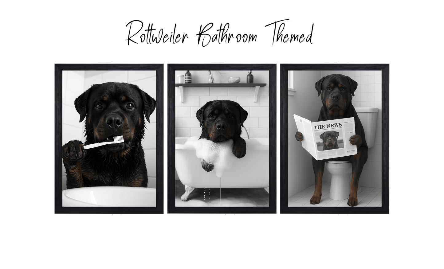Rottweiler Bathroom Wall Art Set | Funny Dog Prints (A4 & A3 Options)