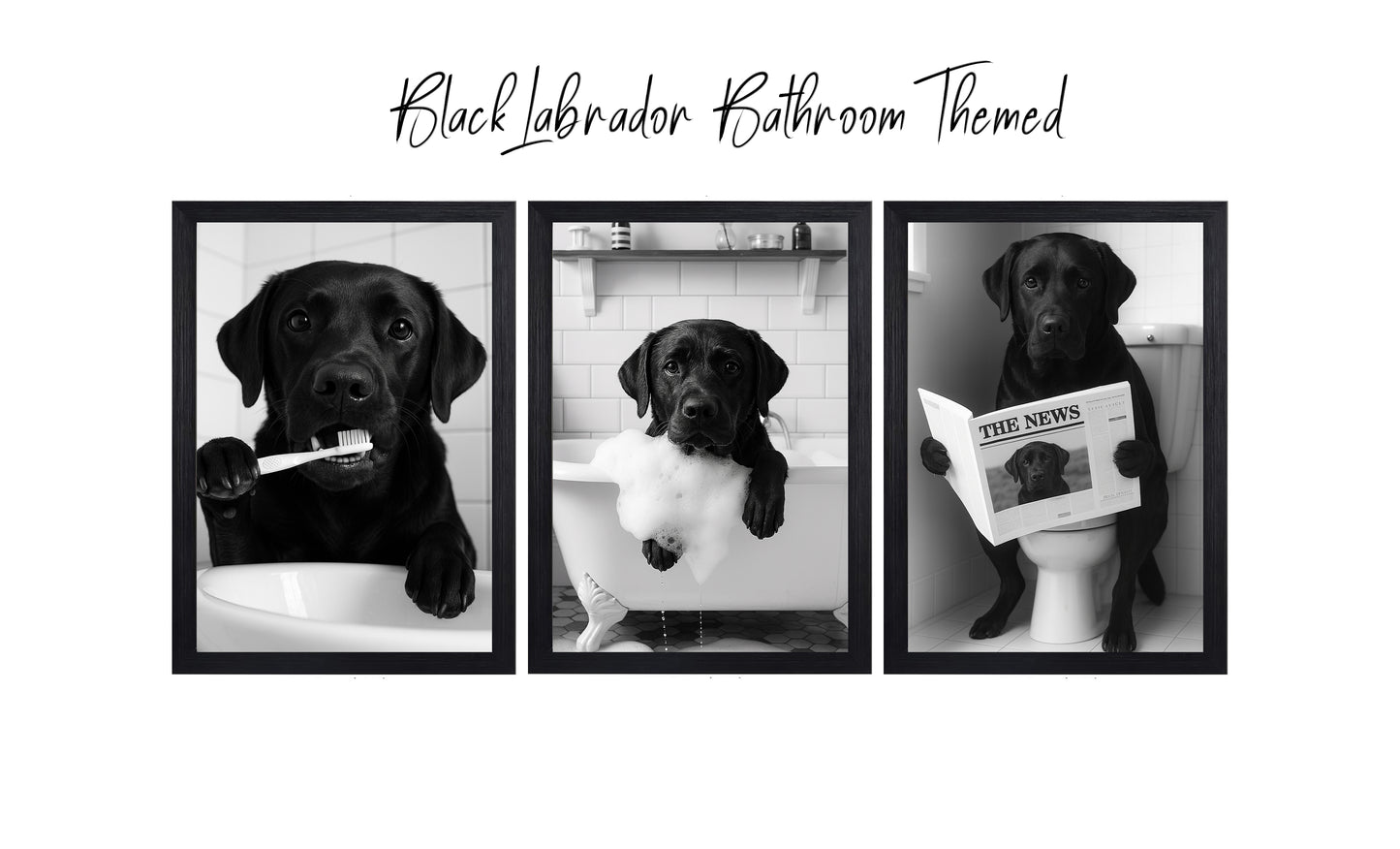 Black Labrador Bathroom Wall Art – Funny Dog Bathroom Decor (Set of 3 Prints)