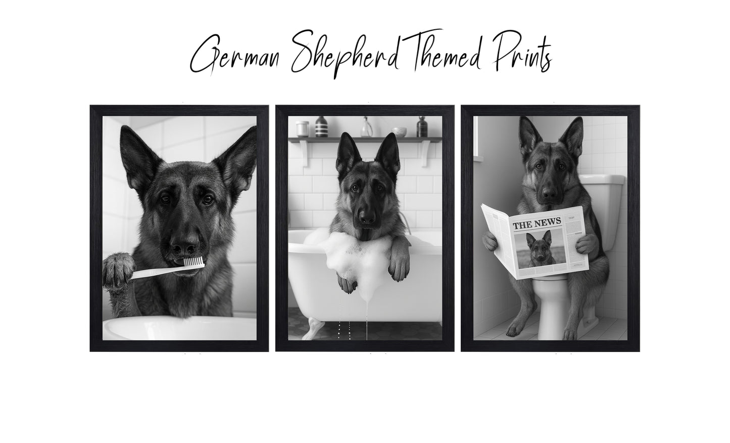 German Shepherd Bathroom Wall Art Prints – Funny Dog Decor l A4 or A3 l Set of 3