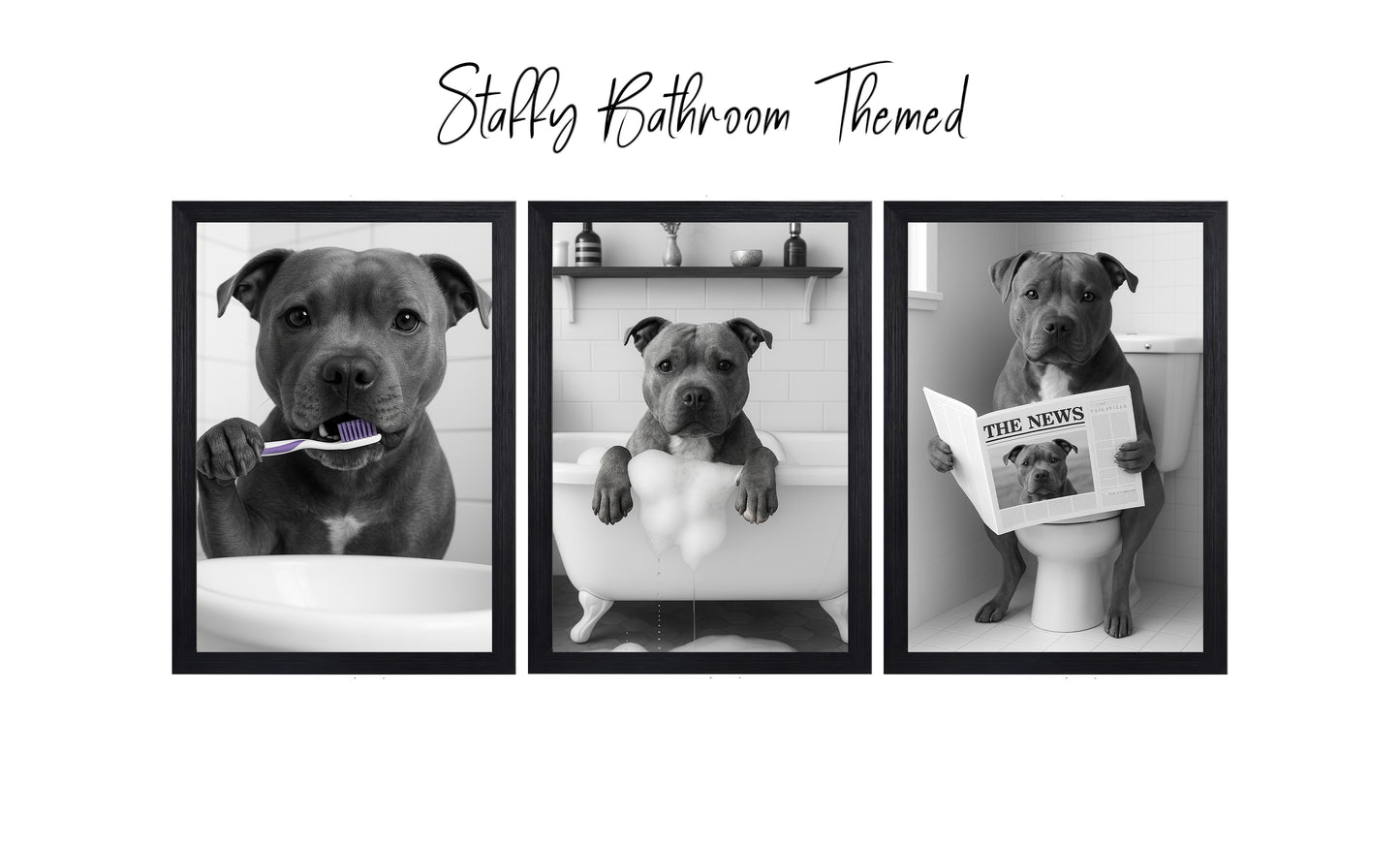 Staffy Bully Bathroom Wall Art Prints – Funny Dog Bathroom Decor (A4 & A3 Sizes)