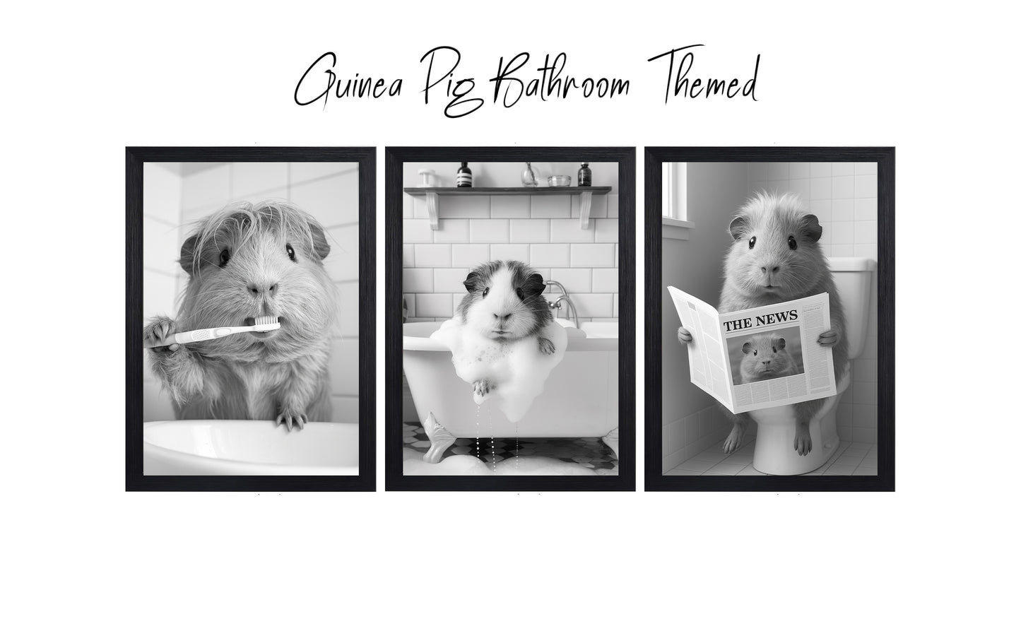 Guinea Pig Bathroom Wall Art Set – Funny Black & White Prints