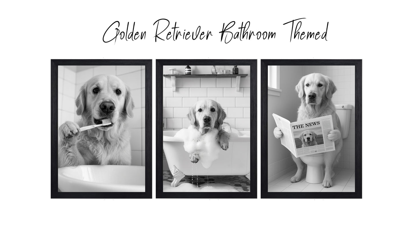 Golden Retriever Bathroom Wall Art Prints – Funny Dog Decor l A4 or A3 l Set of 3