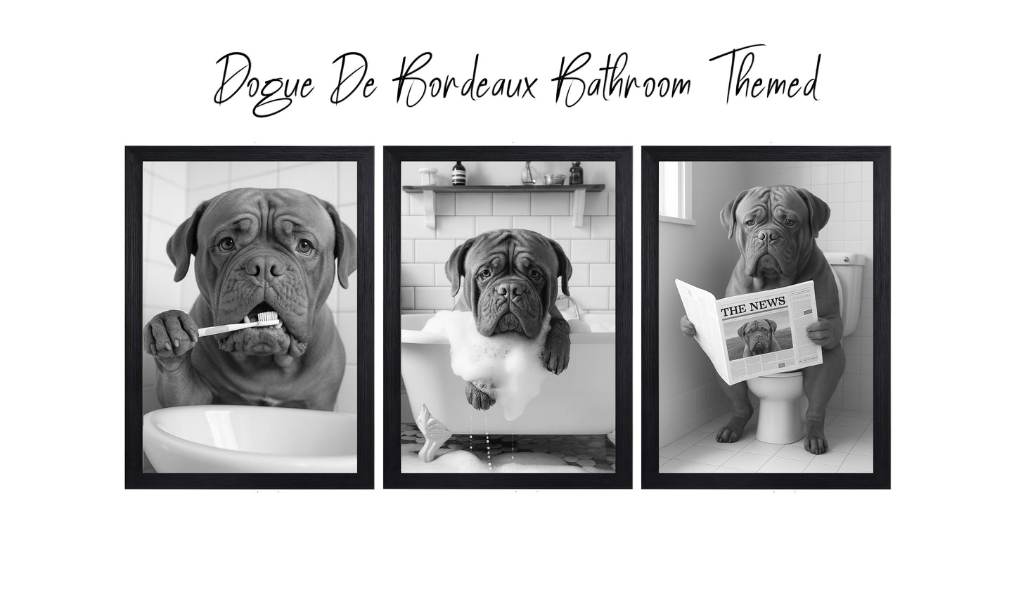 Dogue de Bordeaux Bathroom Wall Art Prints – Funny Dog Decor l A4 or A3 l Set of 3