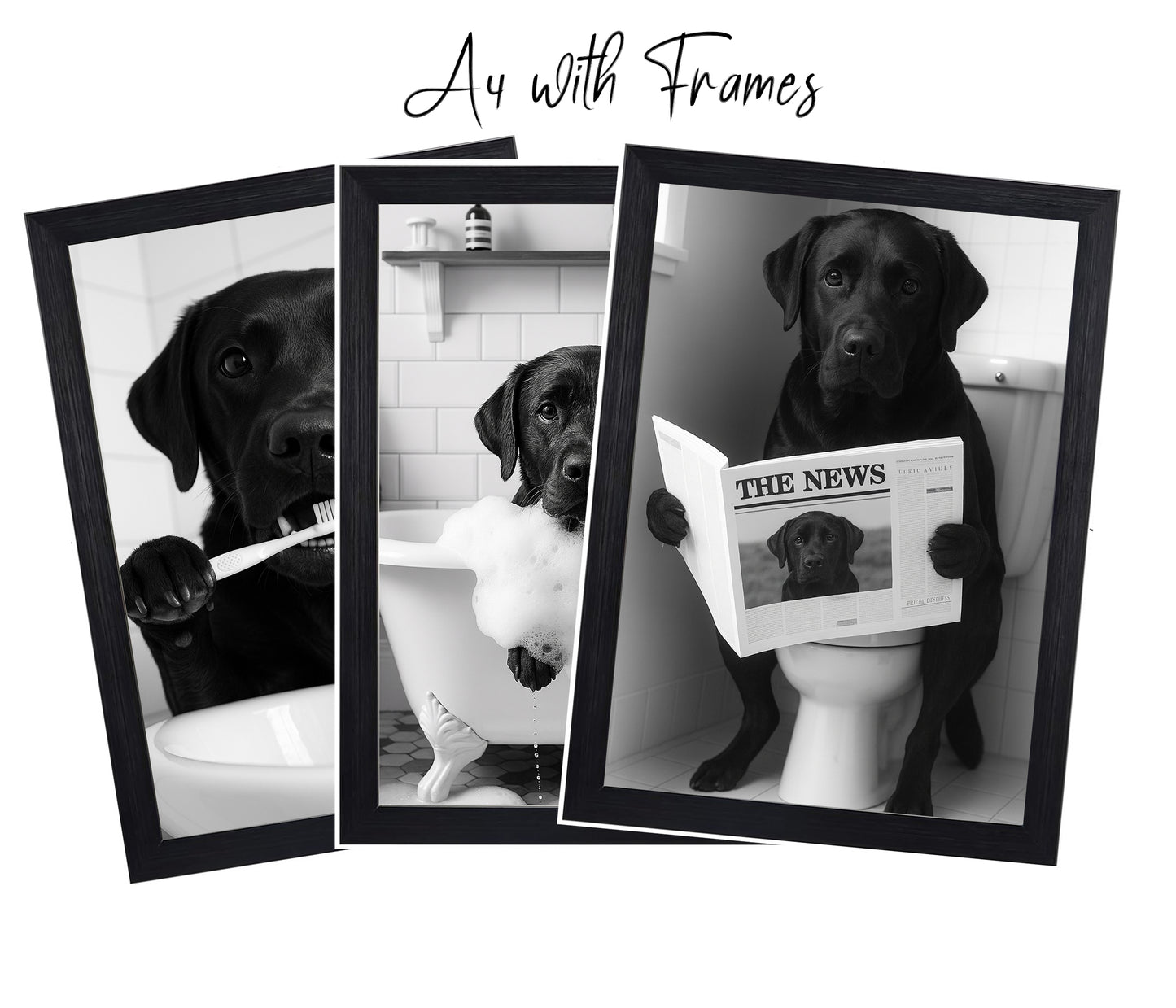 Black Labrador Bathroom Wall Art – Funny Dog Bathroom Decor (Set of 3 Prints)