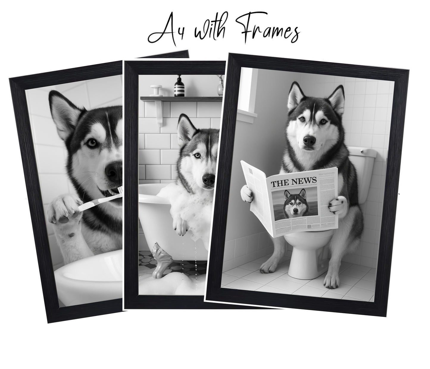 Husky Bathroom Wall Art Prints – Funny Dog Decor l A4 or A3 l Set of 3