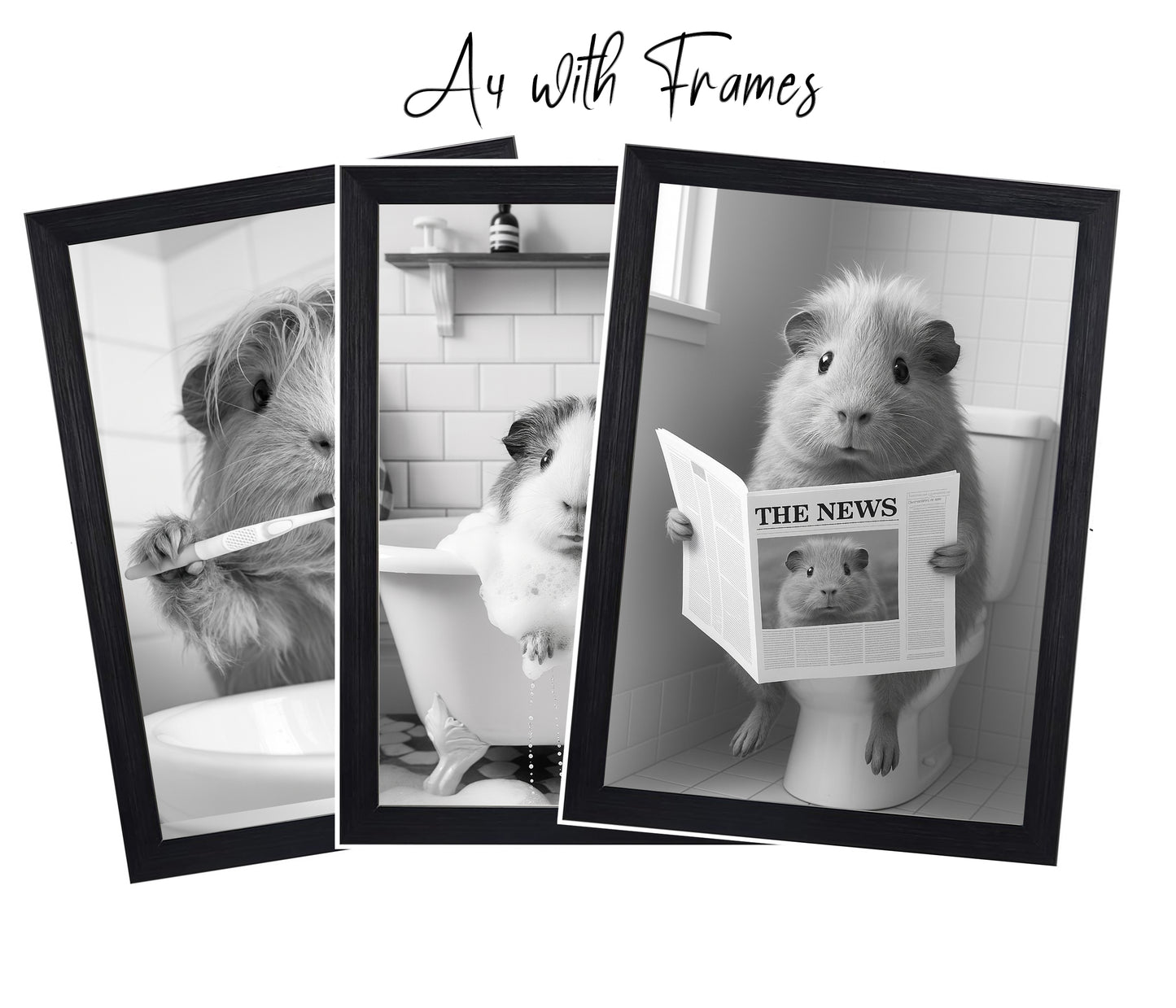 Guinea Pig Bathroom Wall Art Set – Funny Black & White Prints