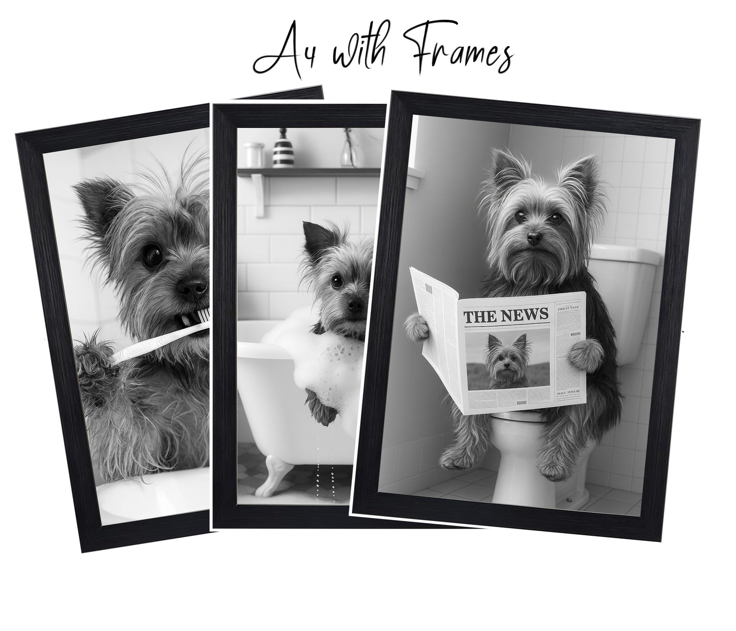 Yorkie Bathroom Wall Art Set – Black & White 3-Piece Print Collection