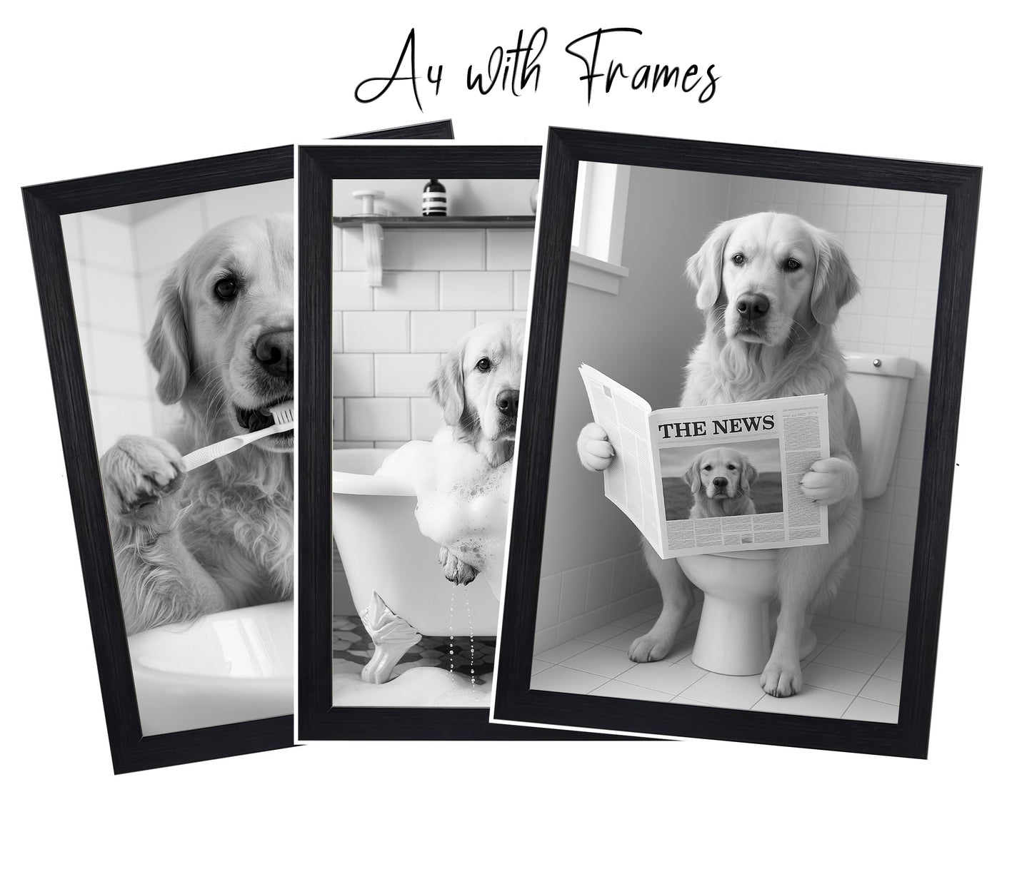 Golden Retriever Bathroom Wall Art Prints – Funny Dog Decor l A4 or A3 l Set of 3