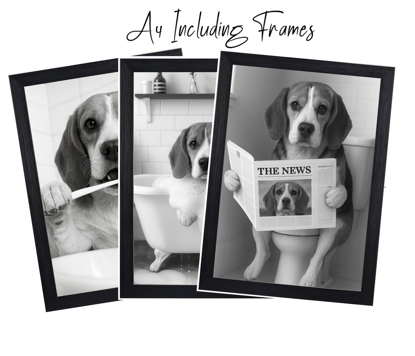 Beagle Bathroom Wall Art Set | Funny Dog Prints (A4 & A3 Options)