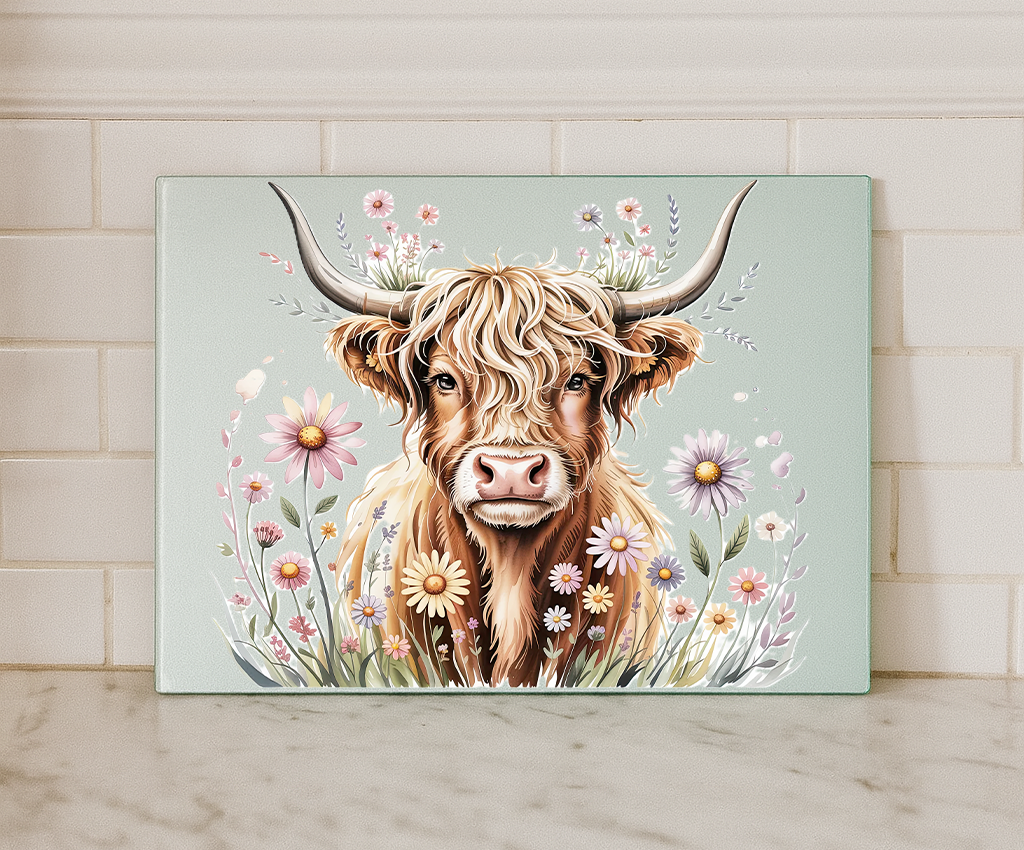 Highland Cow Wildflower Glass Chopping Board / Worktop Saver