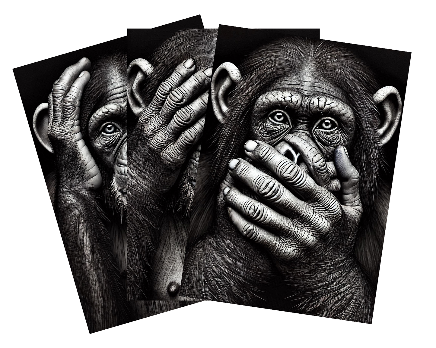 Three Wise Monkeys – Black & White Wall Art Set | See No Evil, Hear No Evil, Speak No Evil (With or Without Frames)