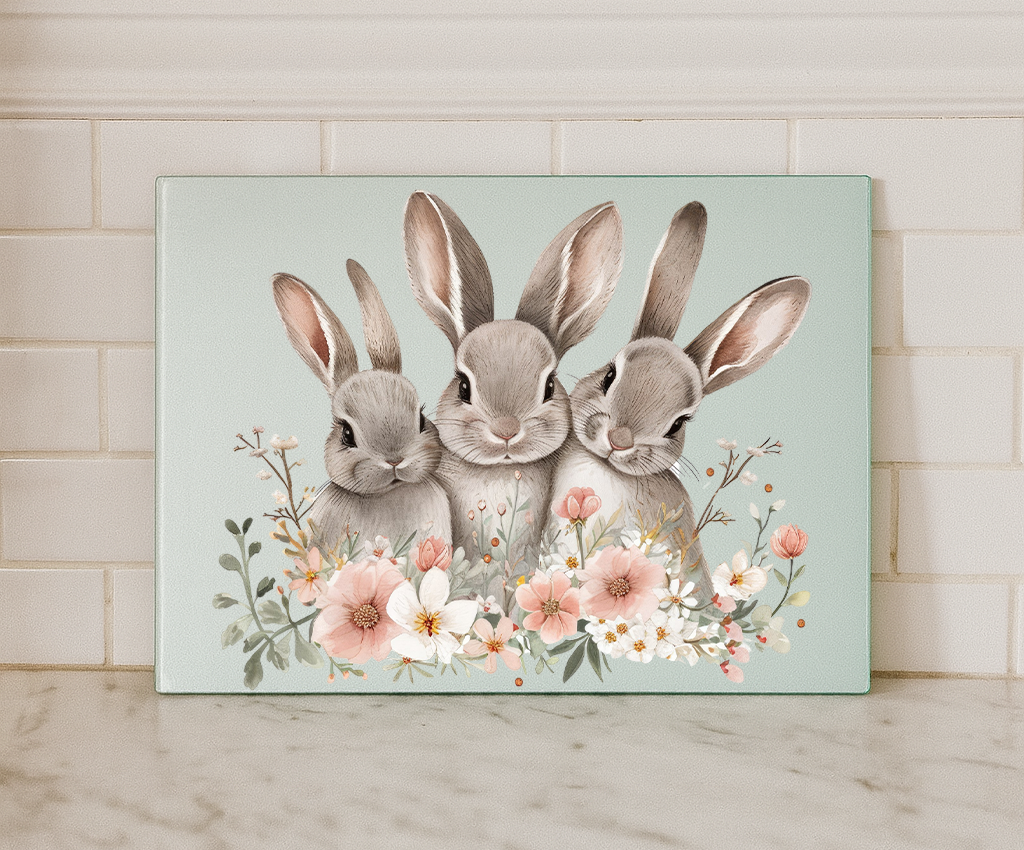 Floral Bunny Glass Chopping Board – Cute Rabbit Kitchen Worktop Saver (Small or Large)