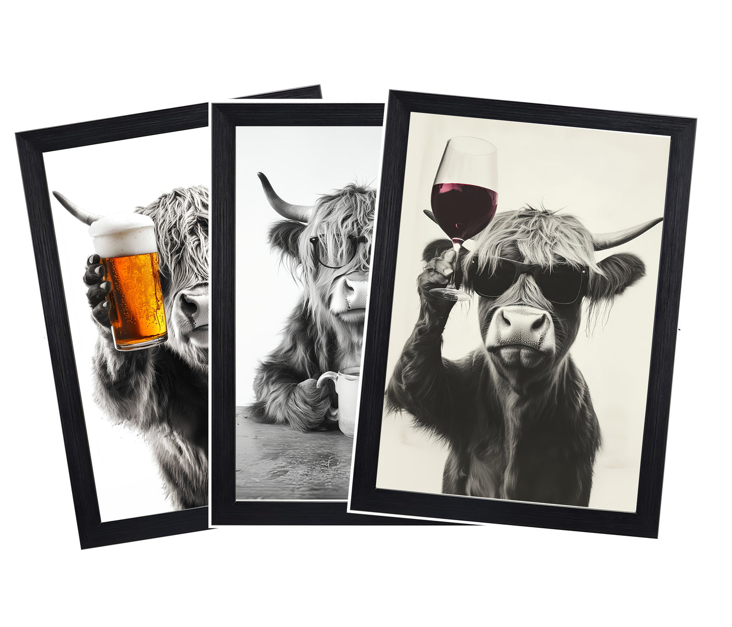 Highland Cow Trio Wall Art – Coffee, Beer & Wine Print Set