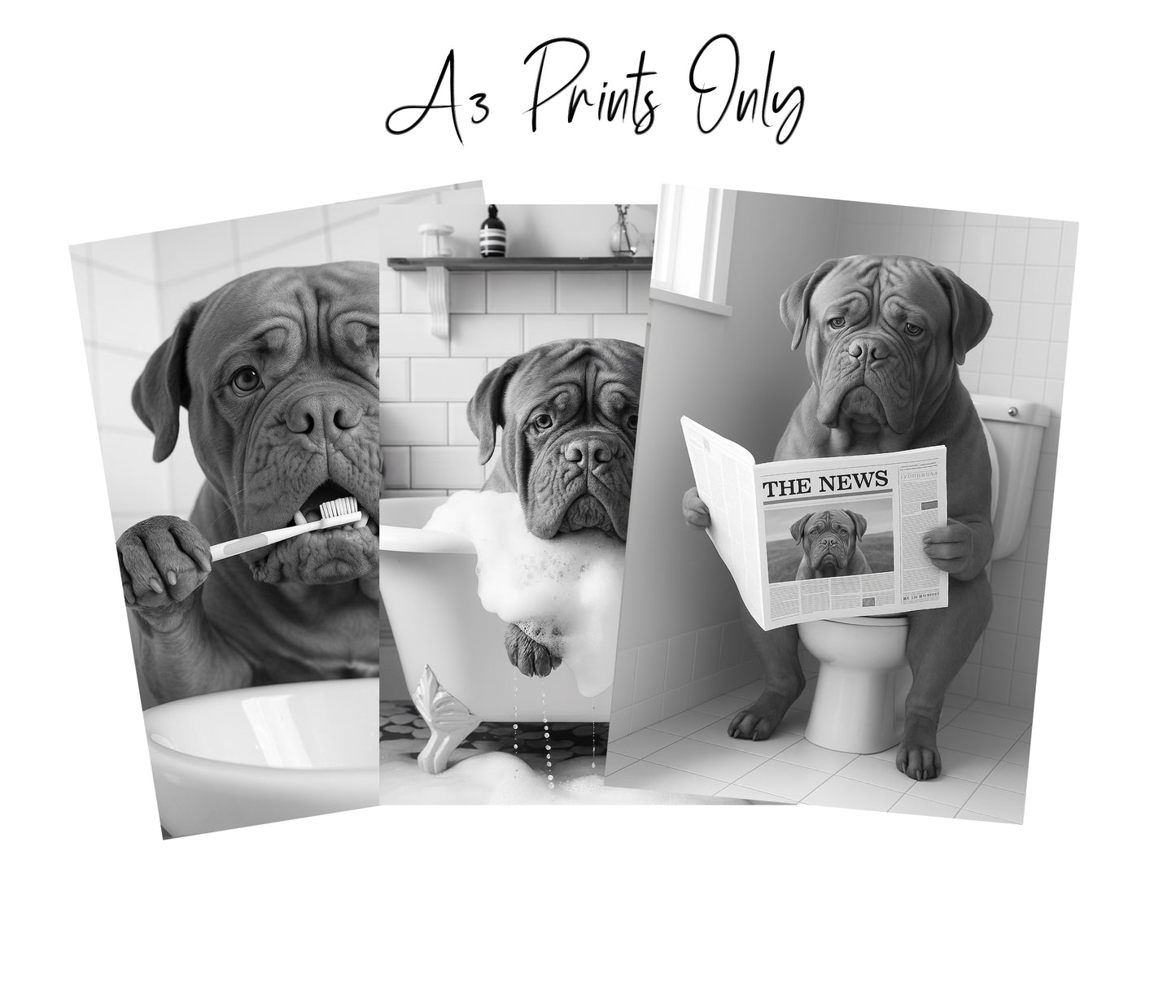 Dogue de Bordeaux Bathroom Wall Art Prints – Funny Dog Decor l A4 or A3 l Set of 3