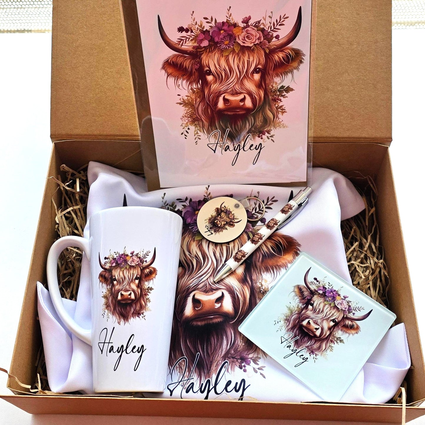 Personalised Highland Cow Gift Set – Custom Name Mug, Tote Bag, Coaster & More | Farm Animal Gift Box for Her