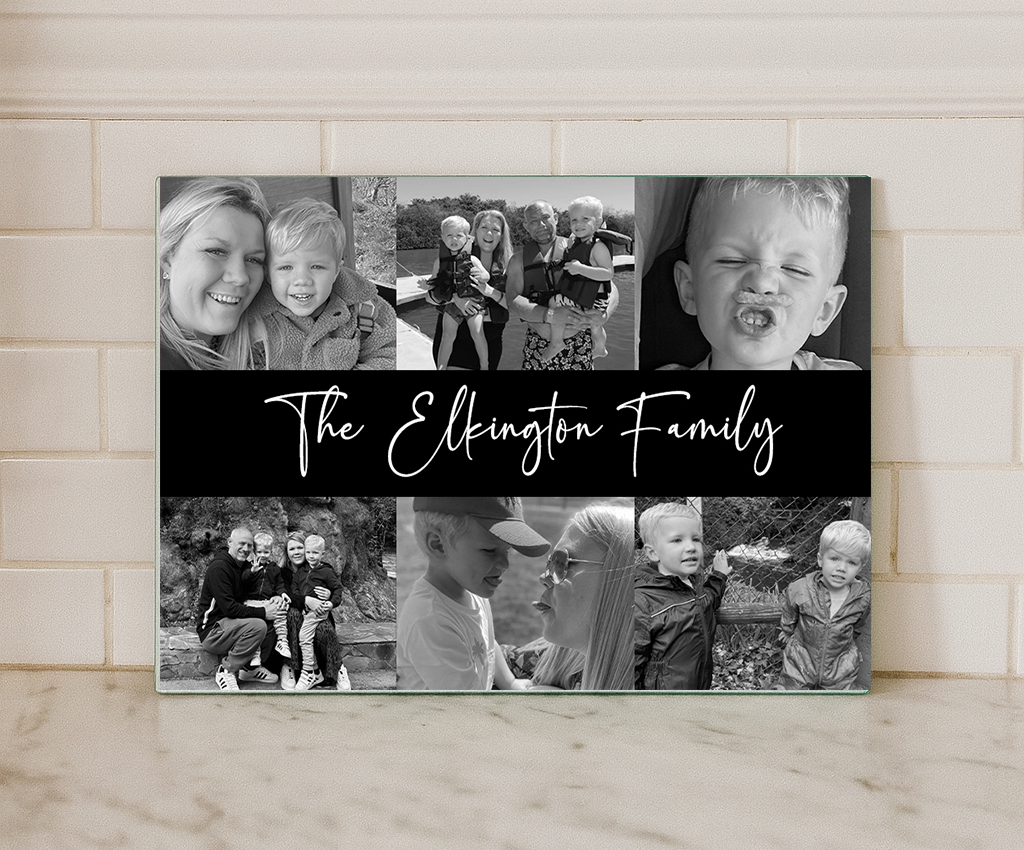 Personalised Family Photo Collage Glass Chopping Board – Custom Name Kitchen Gift (6 Photos, Colour or Black & White)