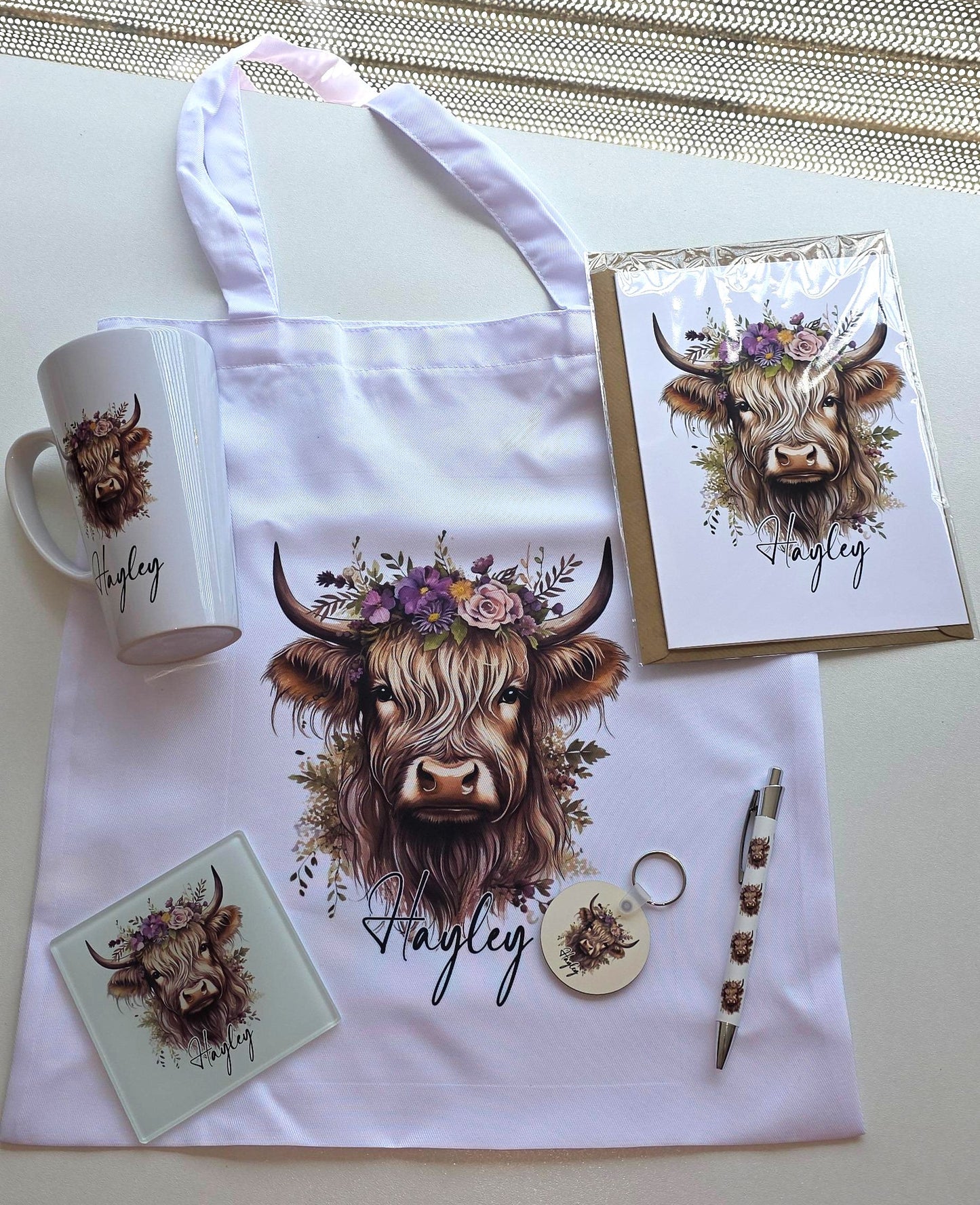Personalised Highland Cow Gift Set – Custom Name Mug, Tote Bag, Coaster & More | Farm Animal Gift Box for Her
