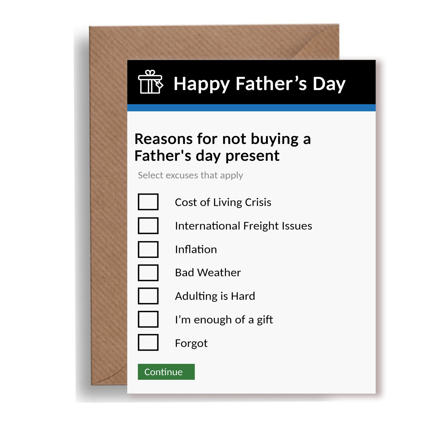 DWP-Inspired Father's Day Card – Reasons for Not Buying a Gift