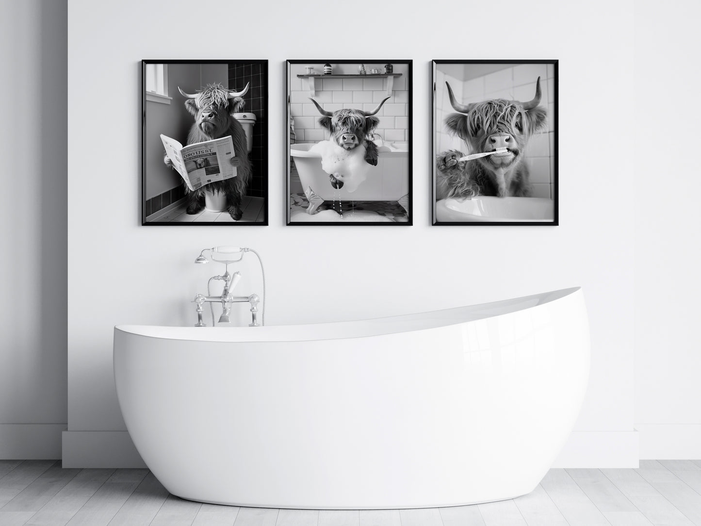 Highland Cows Gone Wild – Bathroom Edition | Set of 3 Black & White Prints