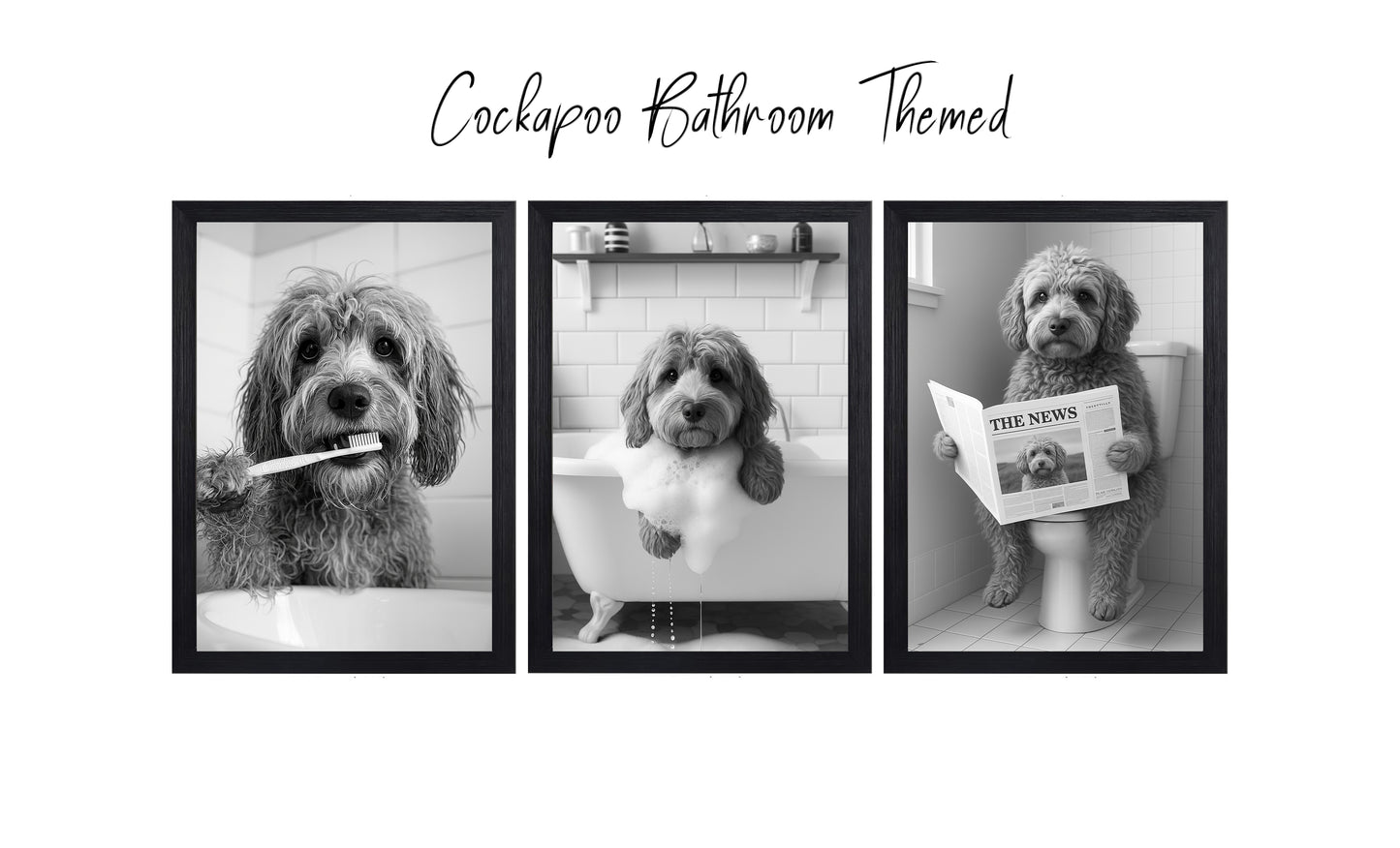 Cockapoo Bully Bathroom Wall Art Prints – Funny Dog Bathroom Decor (A4 & A3 Sizes)