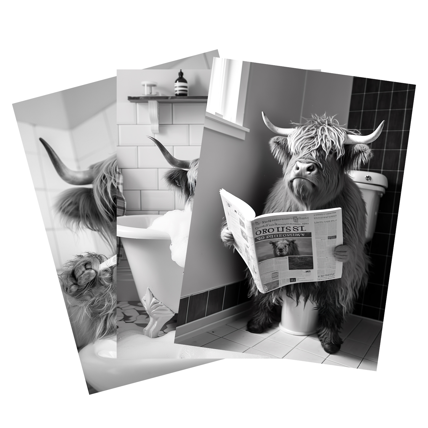 Highland Cows Gone Wild – Bathroom Edition | Set of 3 Black & White Prints