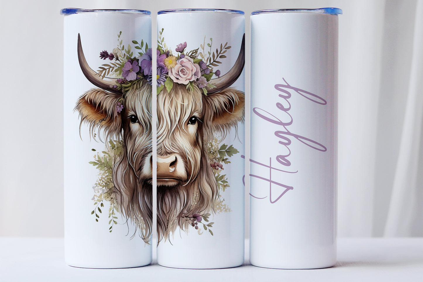 Personalised Highland Cow Skinny Tumbler – 20oz Floral Boho Cow with Name