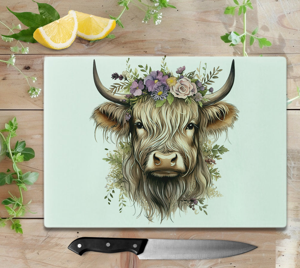 Personalised Highland Cow Glass Cutting Board – Floral Cow Design
