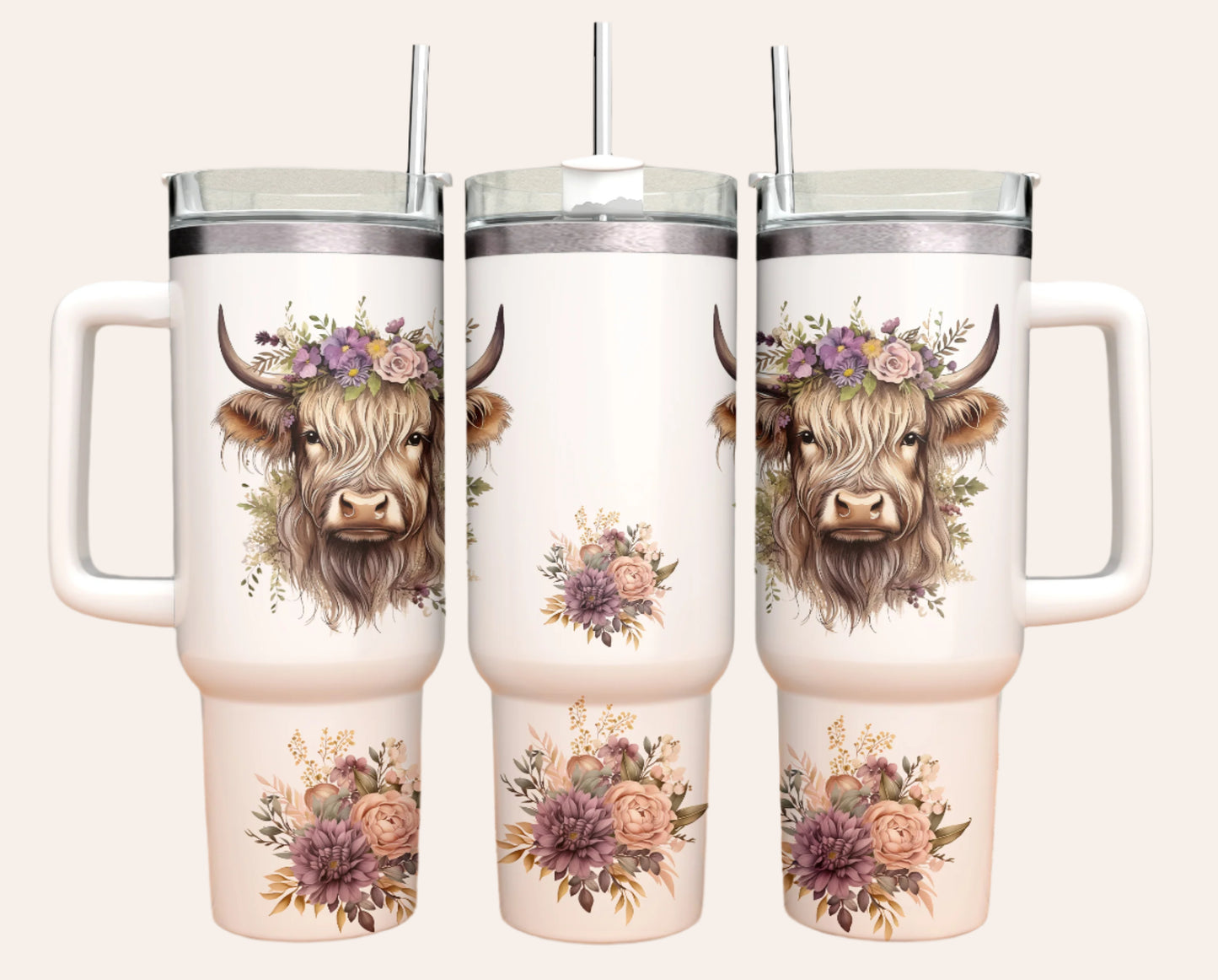 Personalised Highland Cow Floral Tumbler Mug – 40oz Boho Style with Handle & Straw