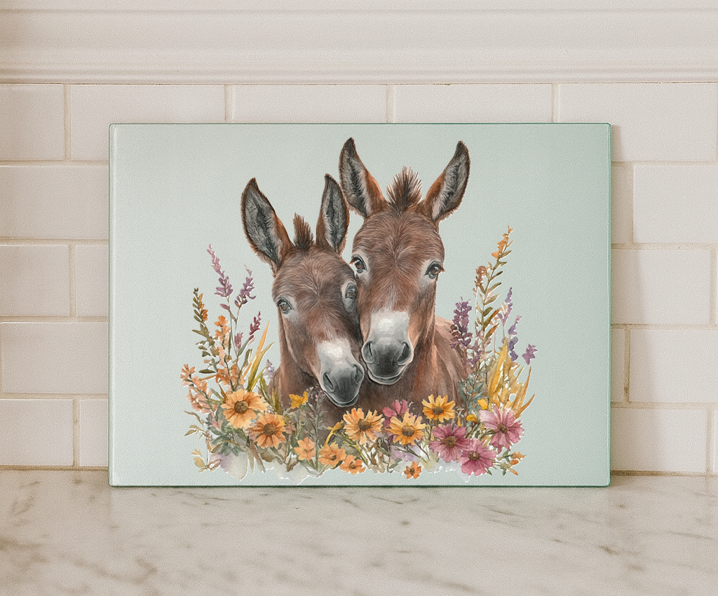 Donkey Duo Floral Glass Chopping Board – Rustic Farmhouse Kitchen Decor (Small or Large)
