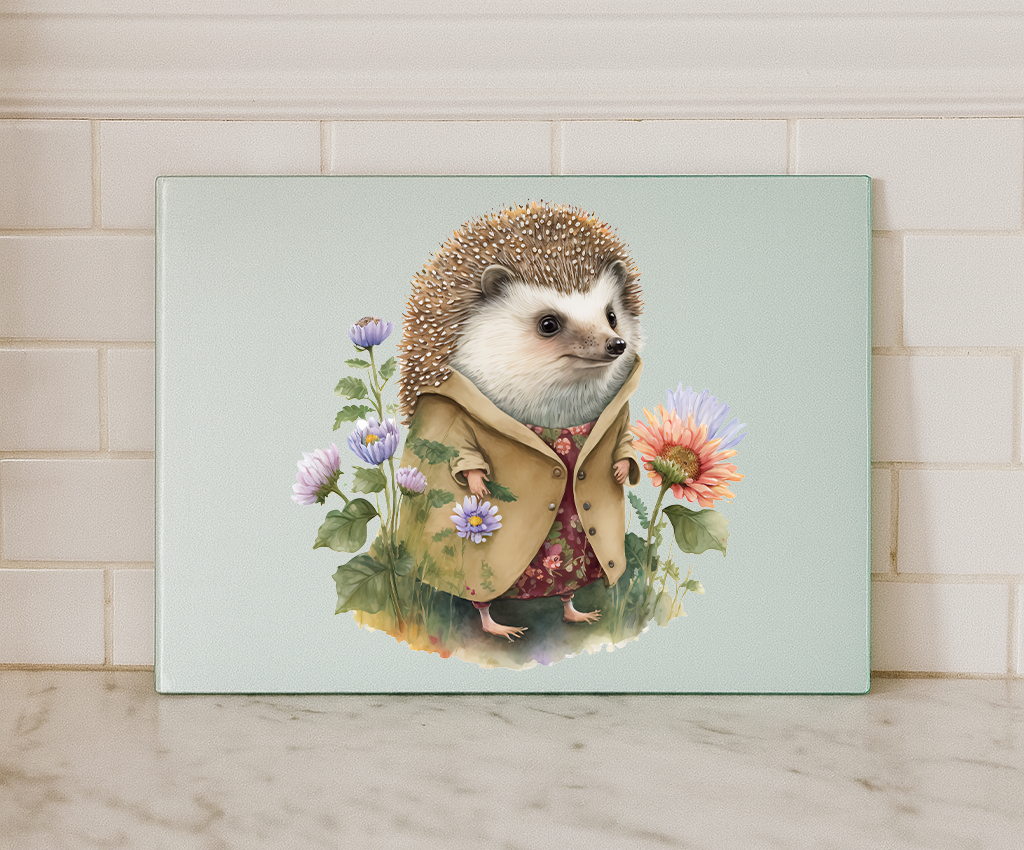 Personalised Hedgehog Glass Chopping Board – Custom Name Kitchen Decor (Small or Large)
