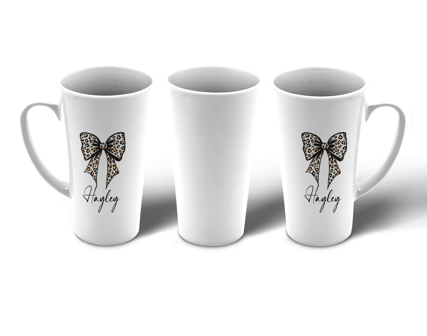 Personalised 17oz Leopard Print Bow Latte Mug