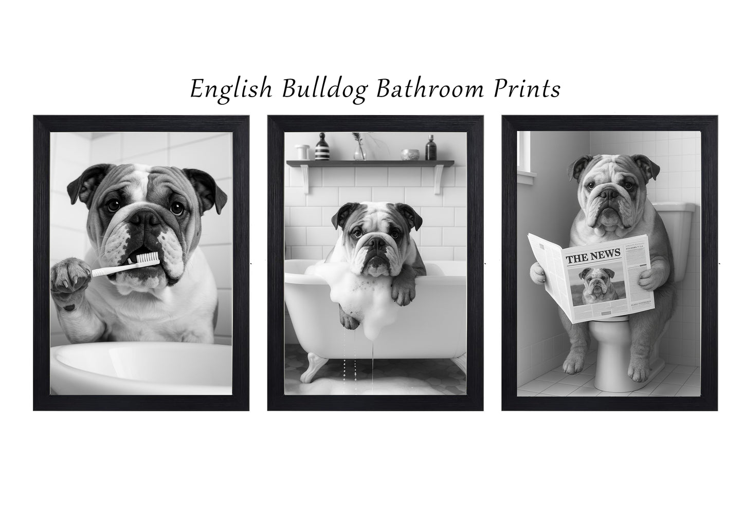 English Bulldog Bathroom Wall Art Prints – Funny Dog Bathroom Decor (A4 & A3 Sizes)
