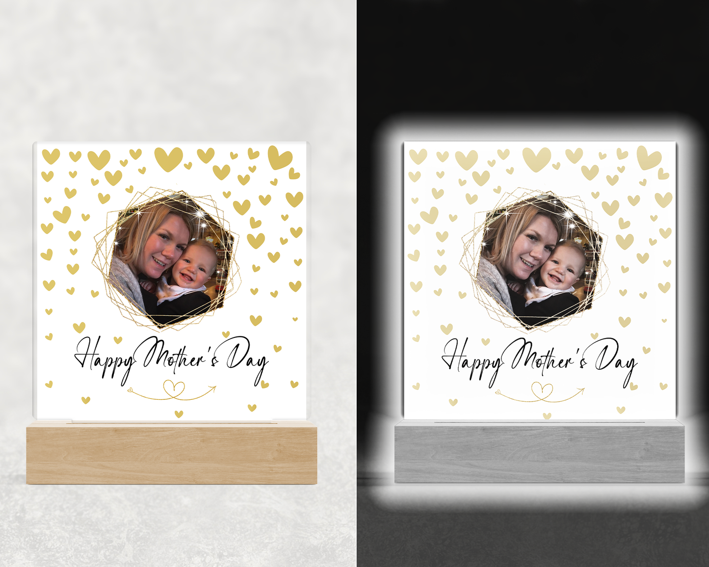 Happy Mother's day with gold hearts - LED Night Light - Personalise with photo