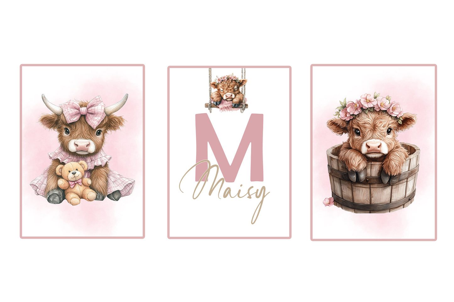 Personalised Highland Cow Nursery Wall Art Set – Custom Name Prints for Baby Girls