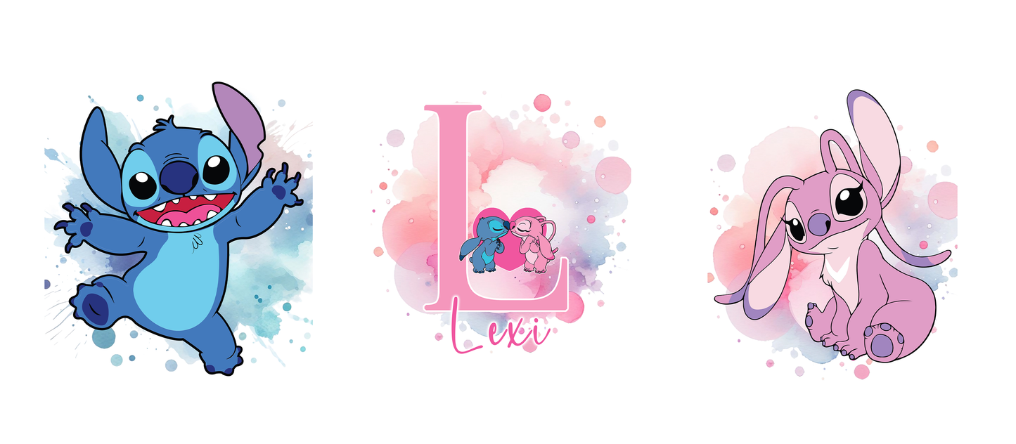 A4 Stitch & Angel Personalised Triple-Frame Set – Custom Name & Initial in Light Wood Effect Frames