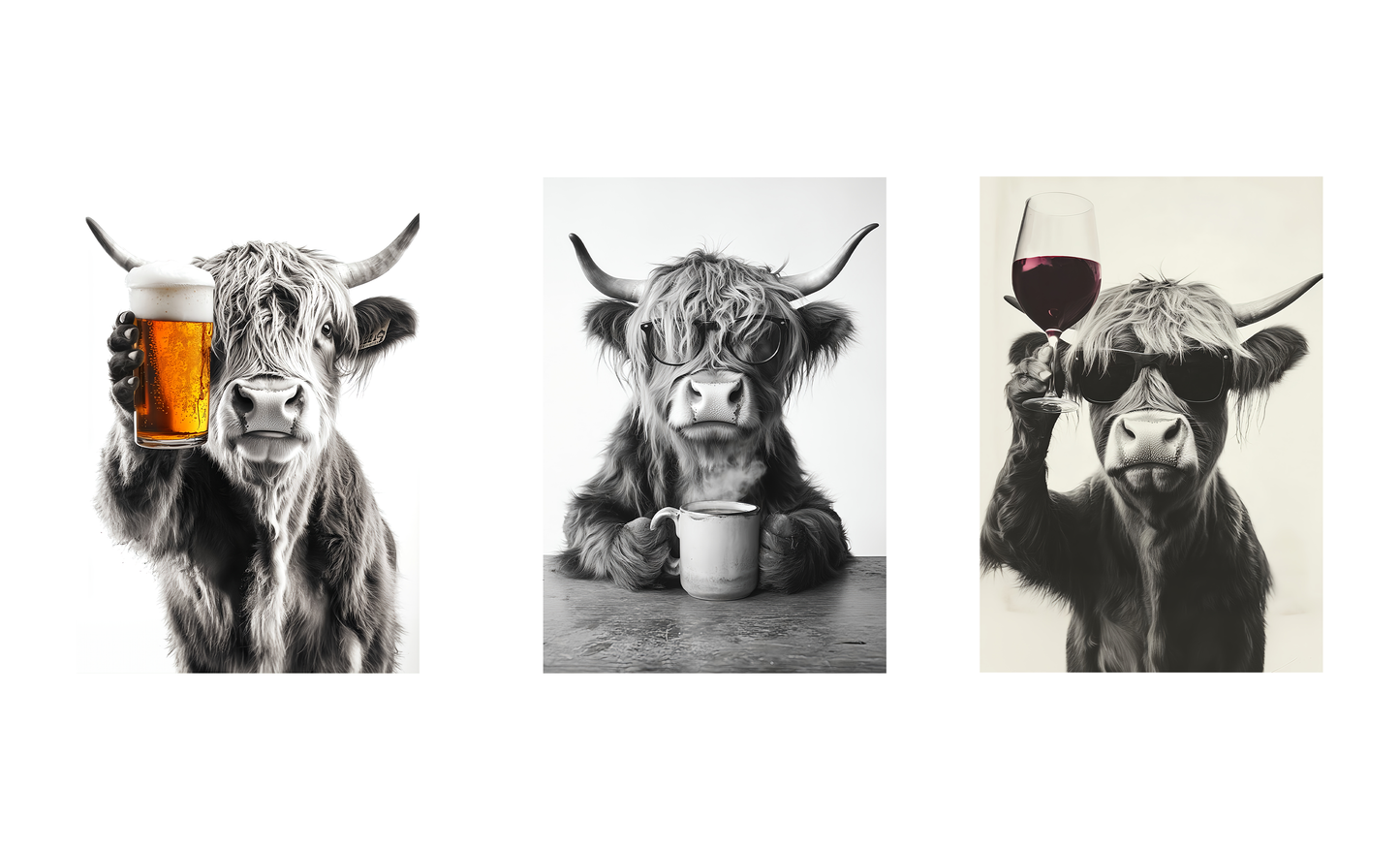 Highland Cow Trio Wall Art – Coffee, Beer & Wine Print Set