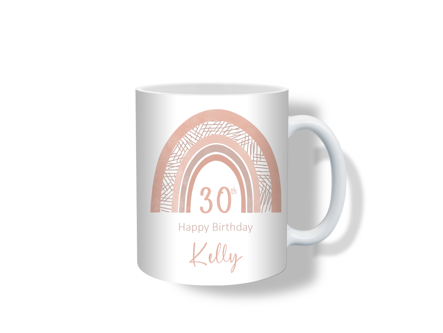 Custom Boho Rainbow Birthday Mug – Personalised Name & Milestone Age (Blush Rose)
