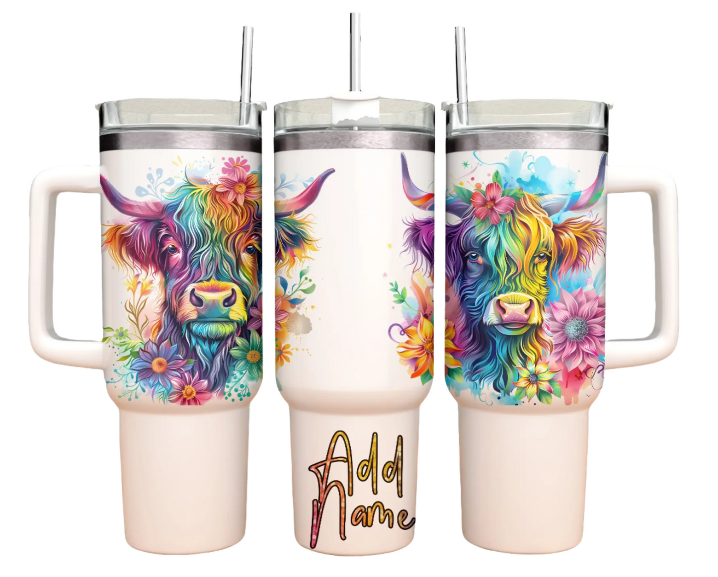 40oz Tumbler - Rainbow Highland Cow-Add Name