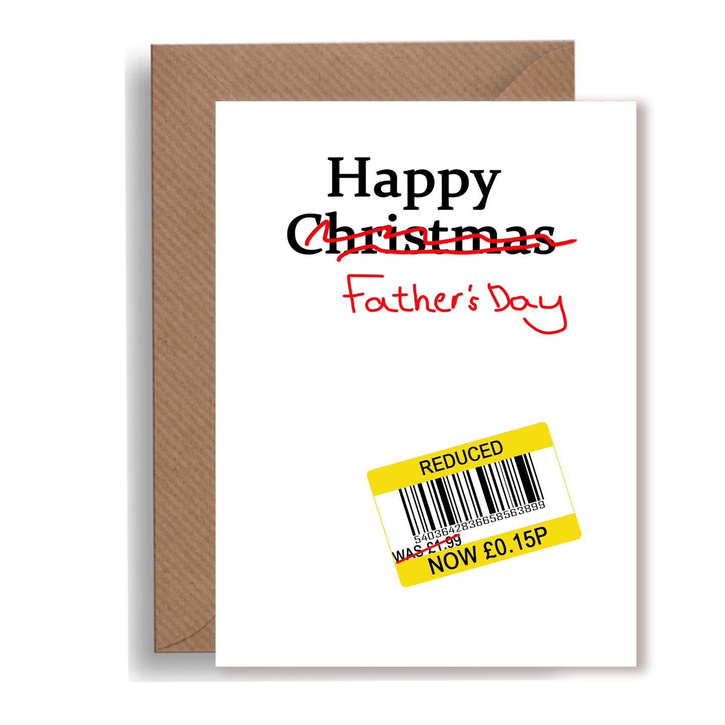 Merry Christmas" (Crossed Out) – Happy Father's Day Card with Clearance Tag