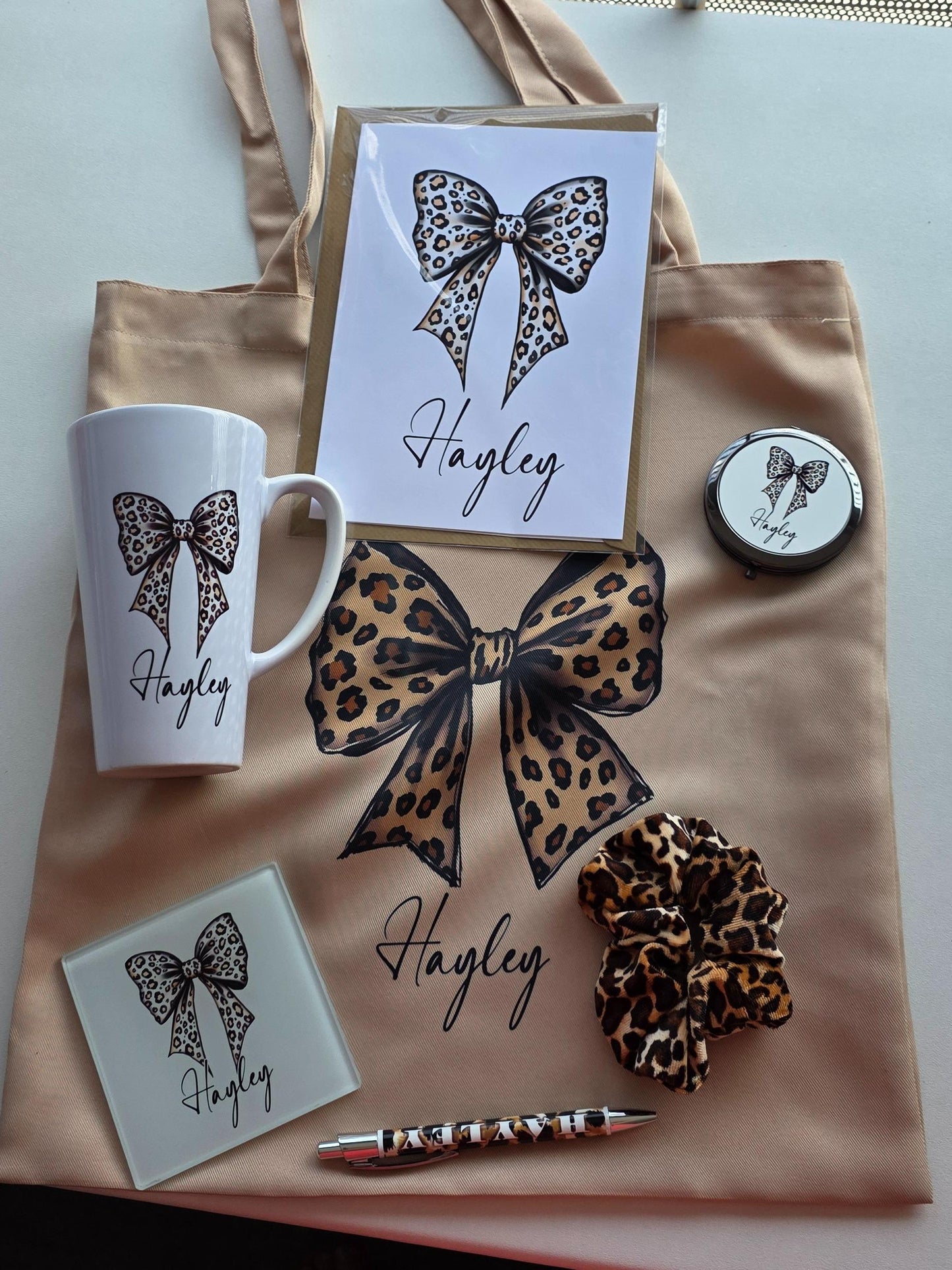 Personalised Leopard Bow Gift Set – Custom Mug, Coaster, Scrunchie & Accessories | Animal Print Gift Box for Her