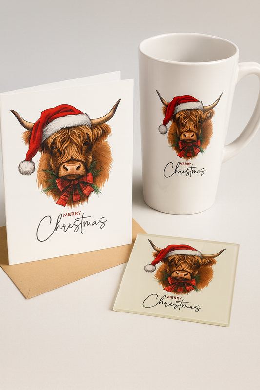 Highland Cow Christmas Gift Set – Mug, Card & Coaster (Cute Festive Santa Design)