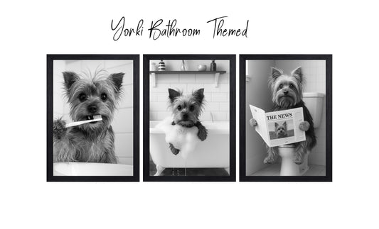 Yorkie Bathroom Wall Art Set – Black & White 3-Piece Print Collection