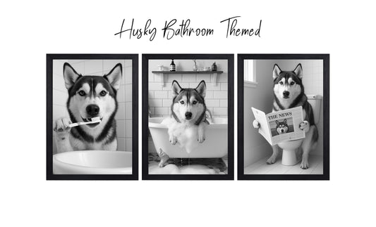 Husky Bathroom Wall Art Prints – Funny Dog Decor l A4 or A3 l Set of 3