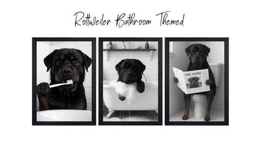 Rottweiler Bathroom Wall Art Set | Funny Dog Prints (A4 & A3 Options)